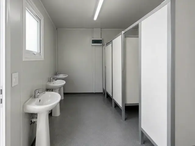 Interior del baño modular: lavamanos de loza contra el muro y las cabinas al fondo