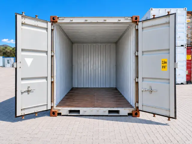 Las dos puertas abiertas de par en par: el piso de madera, las paredes corrugadas y el fondo del container a la vista
