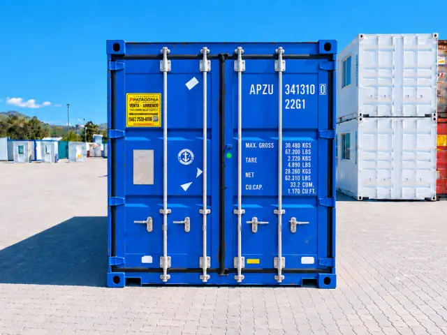 Frente del container azul de 20 pies con las puertas cerradas, la numeración APZU y la tabla de pesos pintadas en blanco