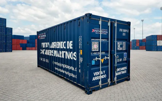 Container marítimo de 20 pies nuevo one trip, azul, con la rotulación de Contenedores Patagonia en el lateral