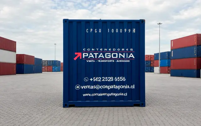 Pared posterior de un container marítimo de 20 pies nuevo one trip, con el logotipo y los datos de Contenedores Patagonia