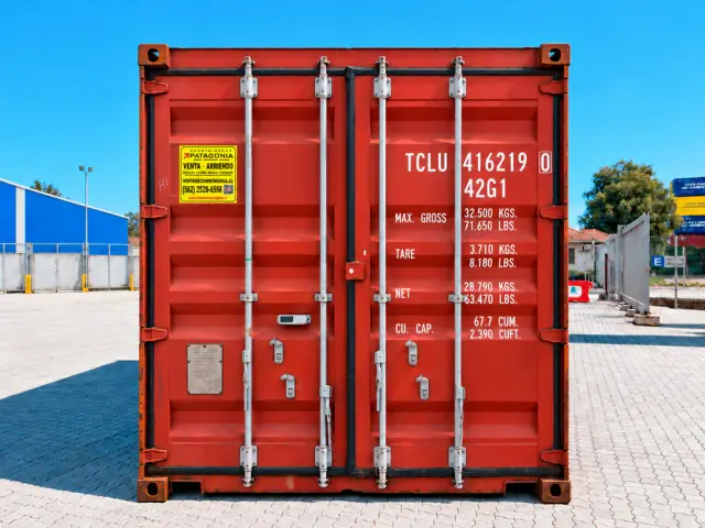 Frente del container de 40 pies con las puertas cerradas, la numeración TCLU y la tabla de pesos pintadas en blanco