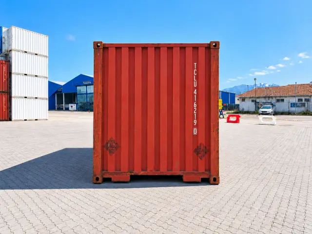 El testero visto de frente, con la numeración del container y la cordillera al fondo