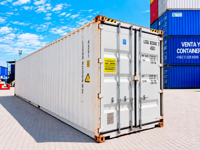 El container High Cube de 40 pies en tres cuartos, con las puertas a la derecha y los doce metros de costado en fuga