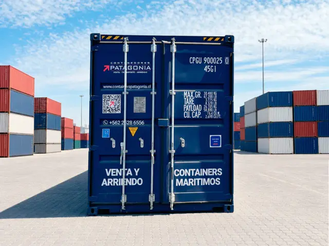 Container marítimo de 40 pies High Cube nuevo one trip, azul, rotulado por Contenedores Patagonia Vista general de la unidad.