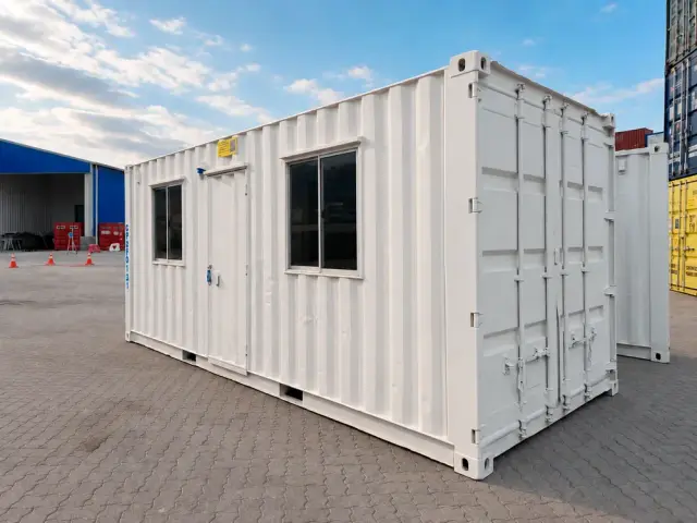Oficina container de 20 pies pintada de blanco, en tres cuartos: puerta de acceso, una ventana pequeña y una ventana corredera grande sobre la fachada larga