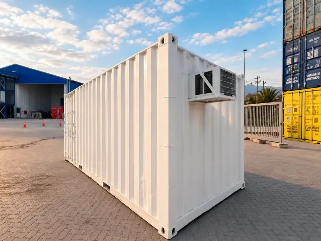 Costado ciego completo del container, con el equipo de aire acondicionado sobre su soporte metálico