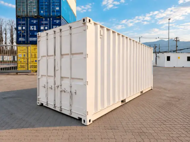 Frente del container con las puertas originales cerradas y el costado ciego a la vista