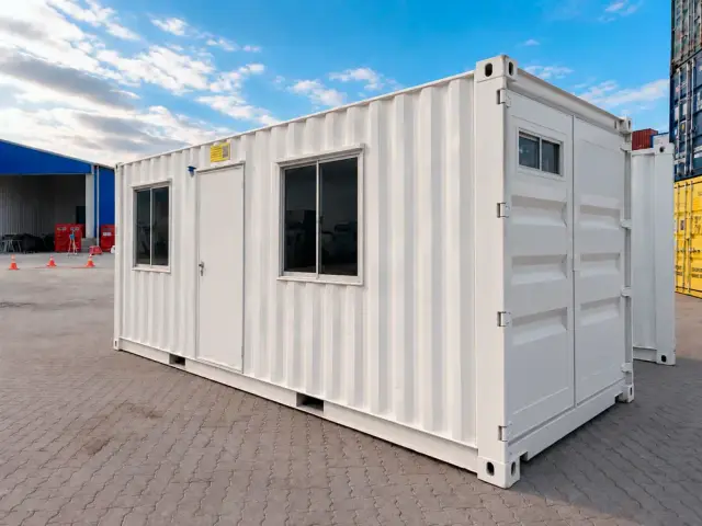 Oficina container de 20 pies con puerta de acceso y dos ventanas correderas; las puertas originales se conservan en el extremo
