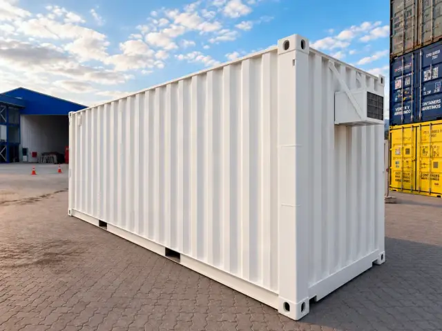 Costado ciego del container con el equipo de aire acondicionado montado en alto
