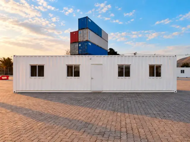 Oficina container de 40 pies vista de frente: cuatro ventanas correderas y la puerta de acceso al centro de la fachada
