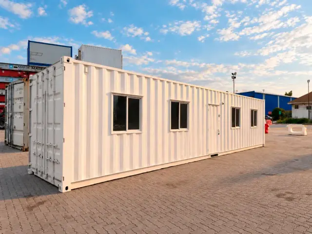El container de 40 pies en tres cuartos, con sus cuatro ventanas y la puerta de acceso sobre el costado largo