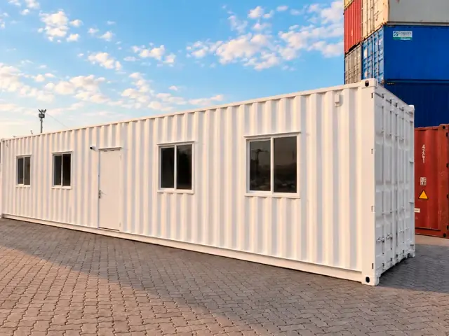 Los 12 metros del container vistos a lo largo desde el otro extremo, con las ventanas y la puerta sobre el costado