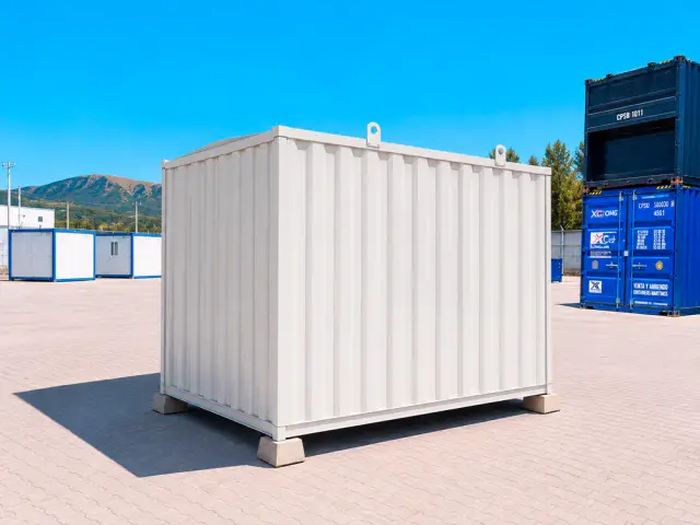 El costado sin aberturas en tres cuartos, con containers apilados al fondo del patio