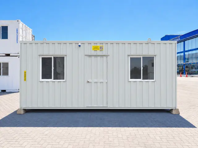 Frente completo del módulo: dos ventanas correderas con reja y la puerta de acceso entre ellas