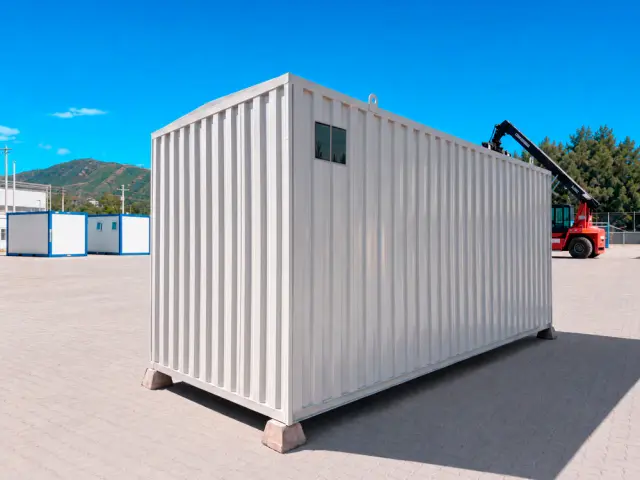 El costado del baño en tres cuartos: la única abertura de esa cara es la ventanilla alta de ventilación