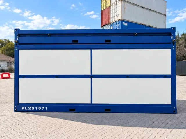 Costado largo completo de la oficina plegable, con los cuatro paneles abatibles y la numeración de la unidad
