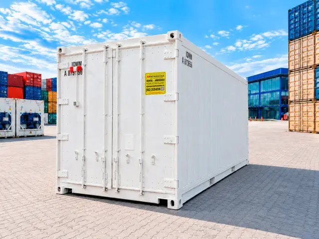 Caja reefer de 20 pies en el depósito, vista en tres cuartos desde el lado de las puertas