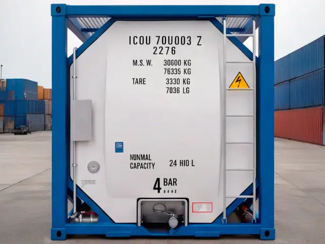 Frente del tanktainer con la placa de datos, la capacidad nominal y la válvula inferior