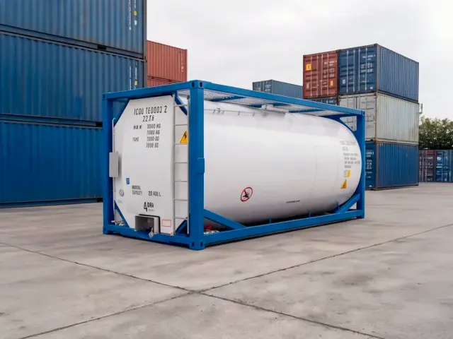 Tanktainer completo: la cisterna blanca montada en su marco ISO azul