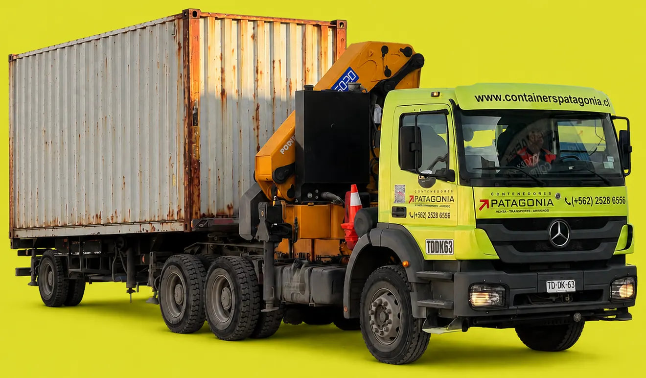 Camión grúa de Contenedores Patagonia transportando un container marítimo