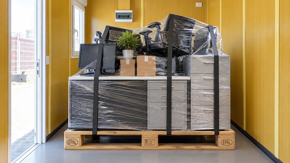 Pallet con escritorio, cajoneras metálicas, sillas y monitores, enfardado y sujeto con eslingas, dentro de una oficina armable