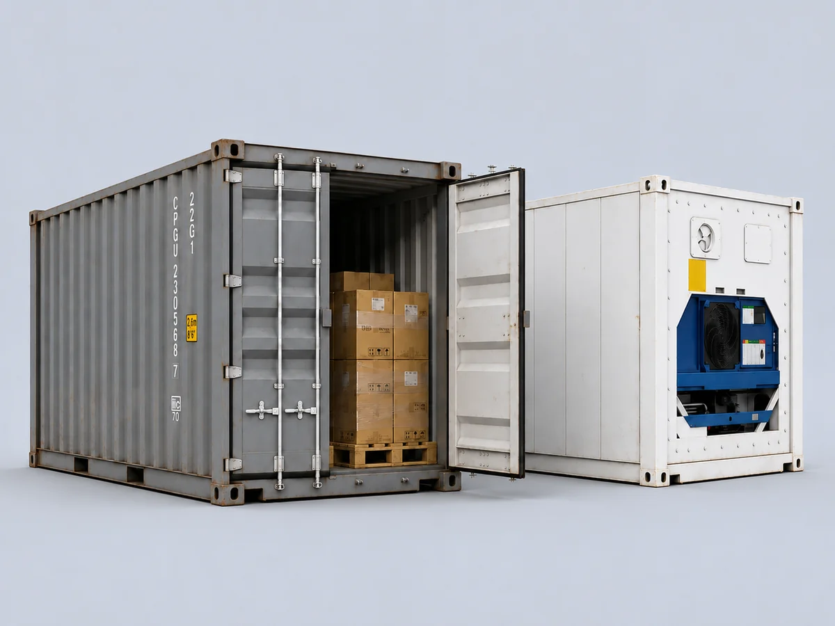 Container marítimo de 20 pies con las puertas abiertas y carga paletizada dentro, junto a un container refrigerado con su equipo de frío