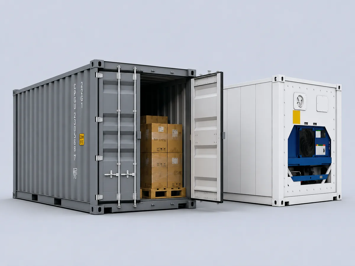 Container marítimo de 20 pies con las puertas abiertas y carga paletizada dentro, junto a un container refrigerado con su equipo de frío