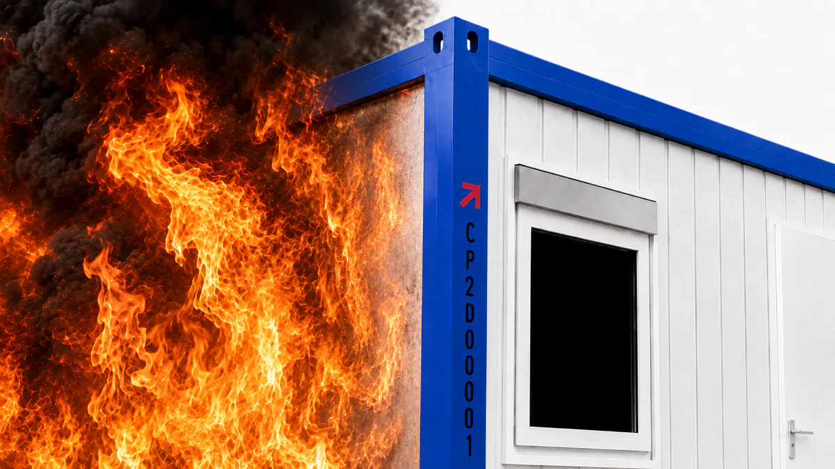 Llama aplicada al costado de una oficina armable modular: el panel resiste sin propagar el fuego