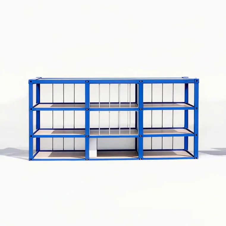 Módulos estructurales apilándose y conectándose hasta formar un edificio modular de tres niveles