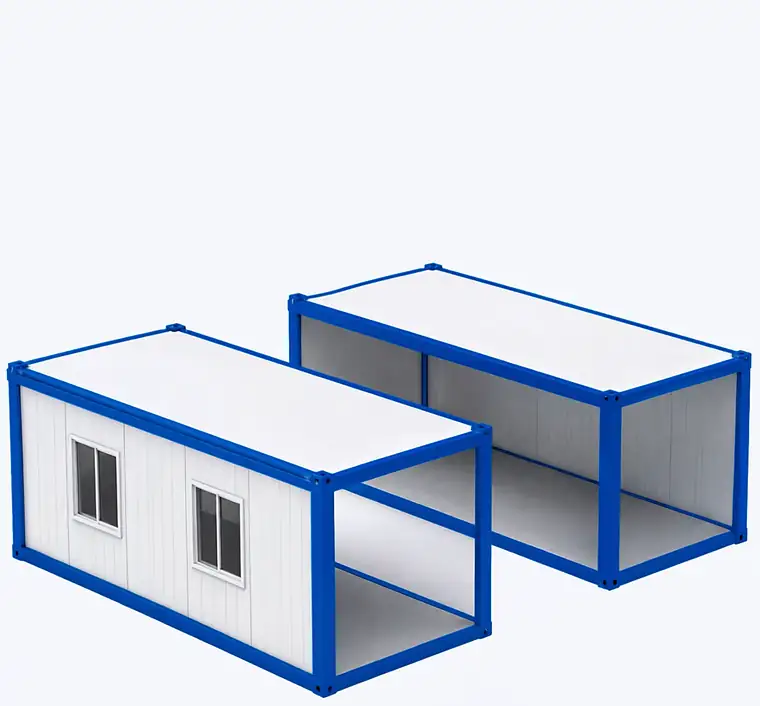 Dos oficinas armables modulares acoplándose lado a lado y apilándose en dos niveles