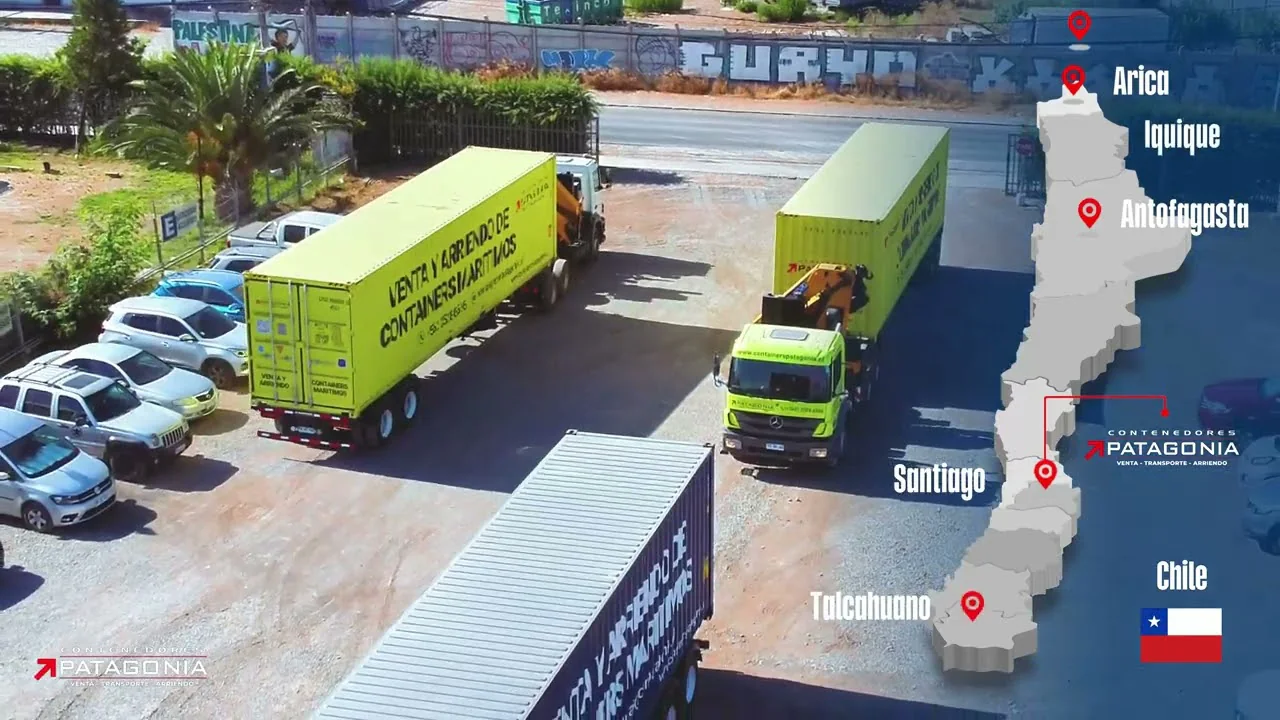 Depósito de Contenedores Patagonia en San Bernardo, con containers apilados y equipos de maniobra