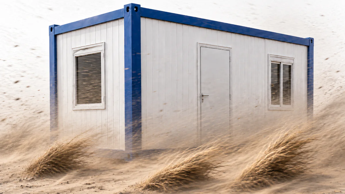 Oficina armable en pie durante un temporal de viento y arena, con la vegetación del entorno aplastada